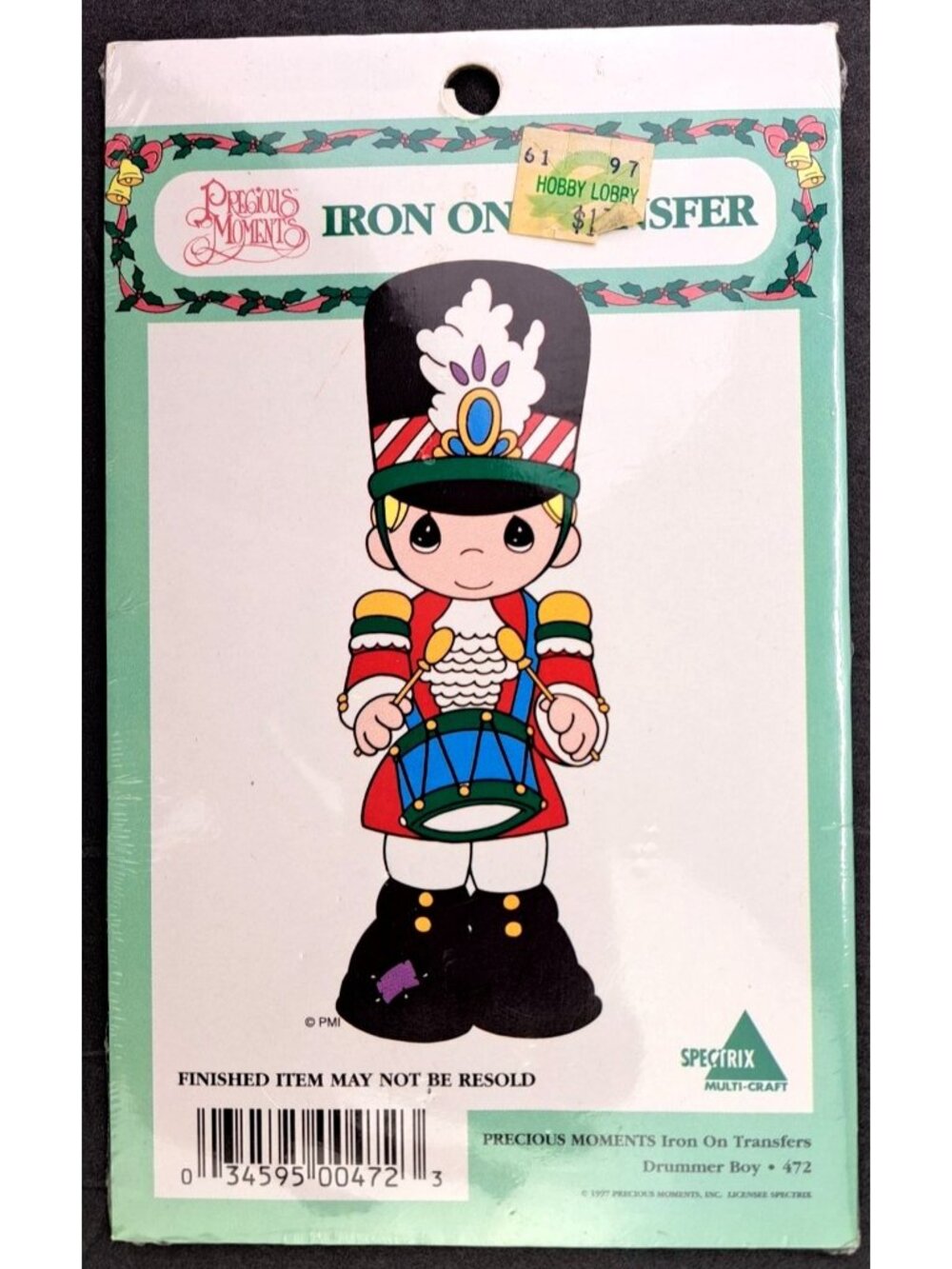 Vintage Precious Moments Drummer Boy Iron-On Transfer Christmas Craft 1997 New